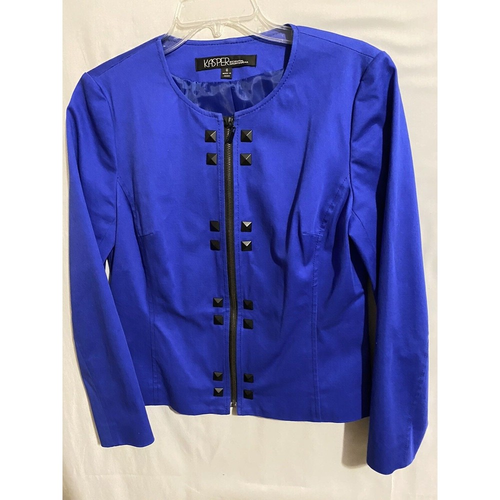 Kasper Sportswear Career Jacket Sz 8 Blue Zip Front Lined Embellished